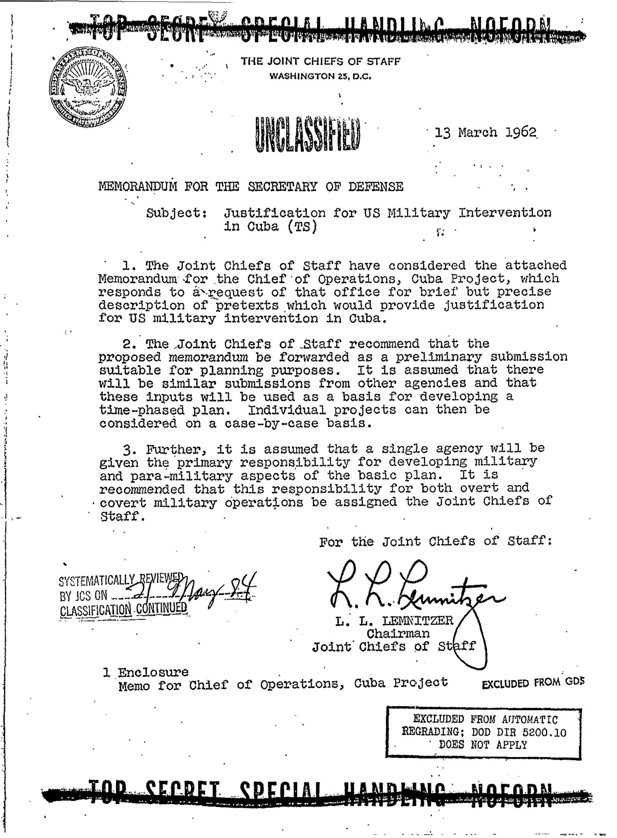 Northwoods memorandum to the US Secretary of Defense, dated 13 March 1962, signed by Lyman Lemnitzer.
